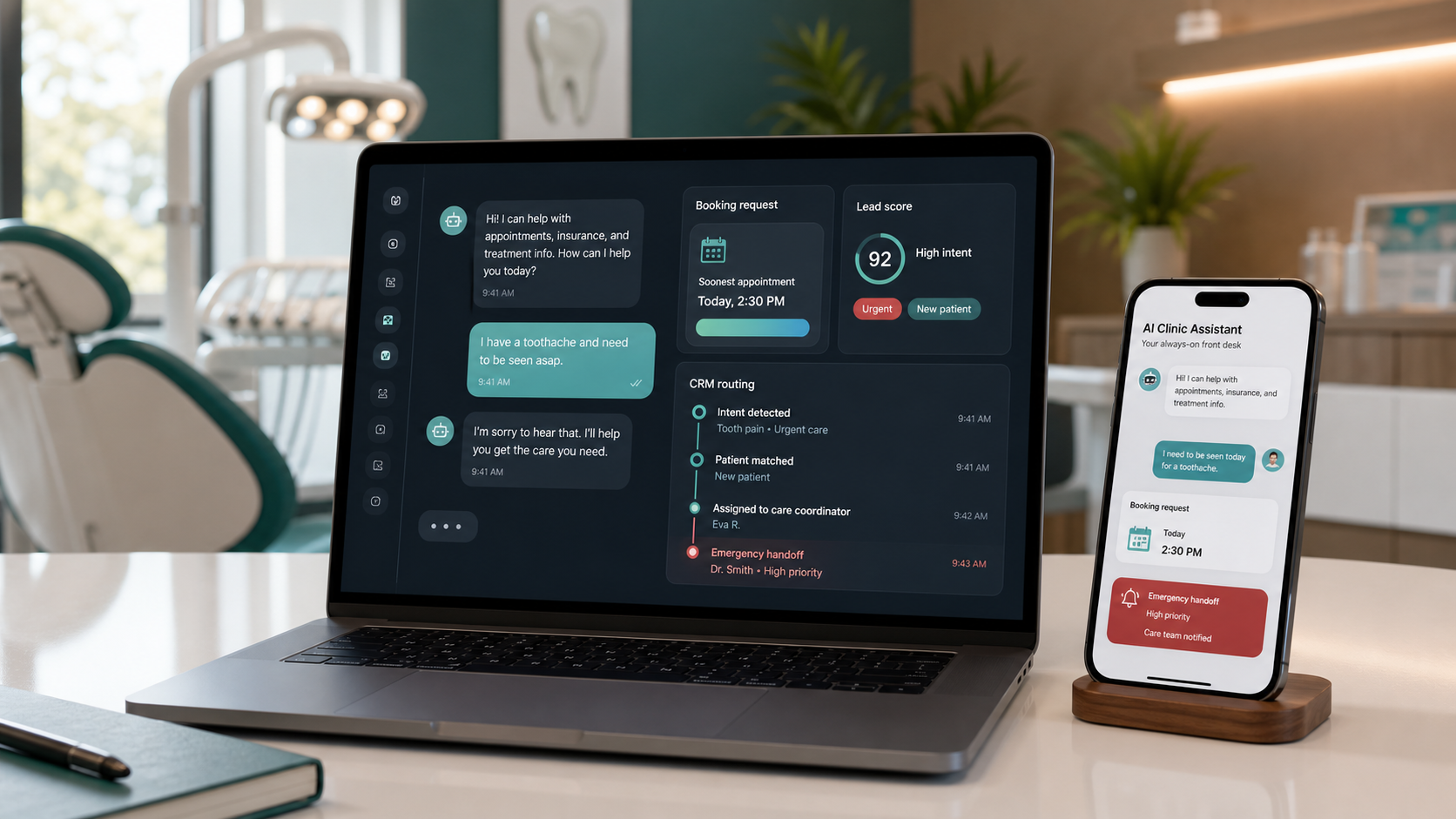 Laptop and phone showing an AI clinic assistant interface with booking and CRM routing