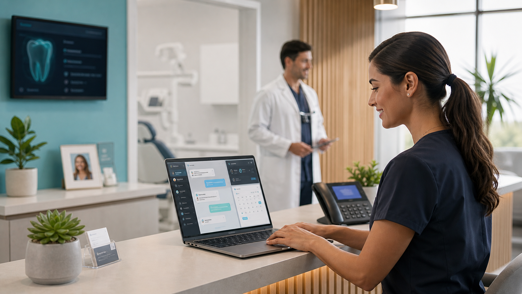 Clinic coordinator using a laptop with AI chat and appointment workflow