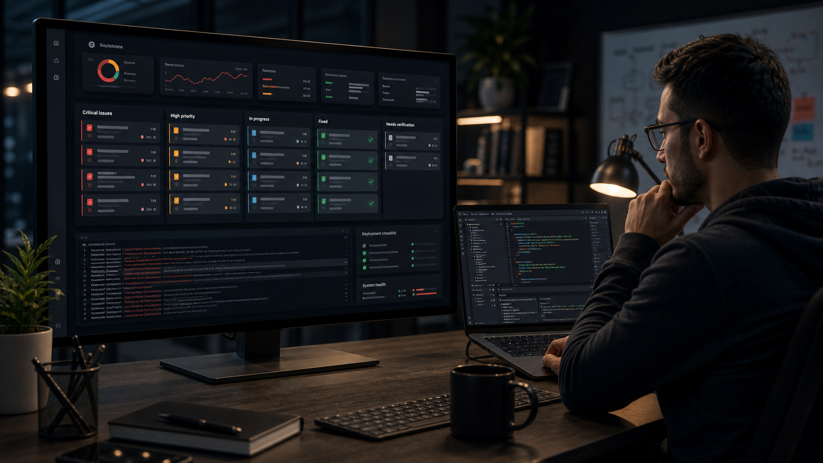Developer workstation with bug triage board, error logs, and deployment checklist