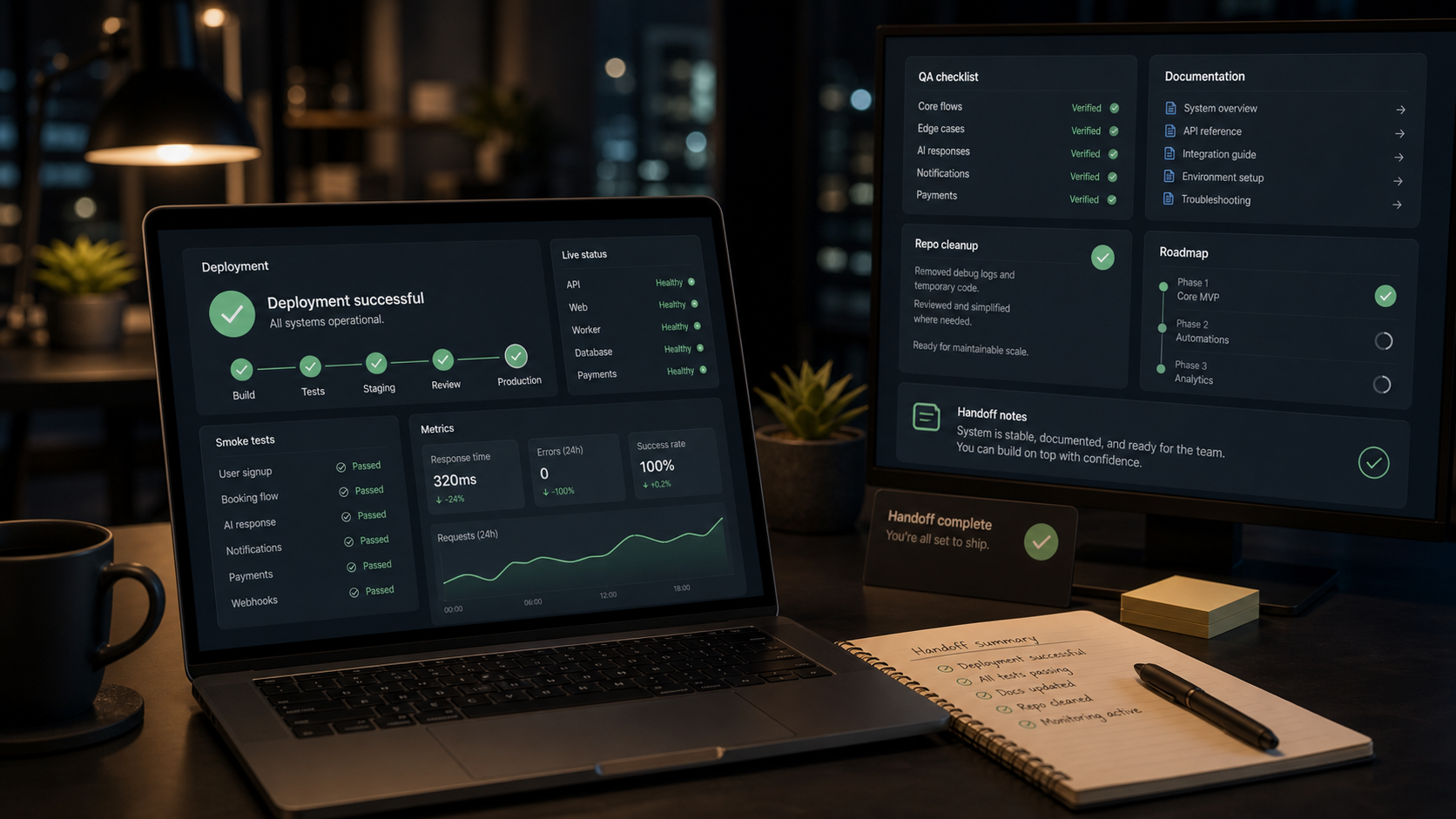 Developer desk showing successful deployment and handoff documentation