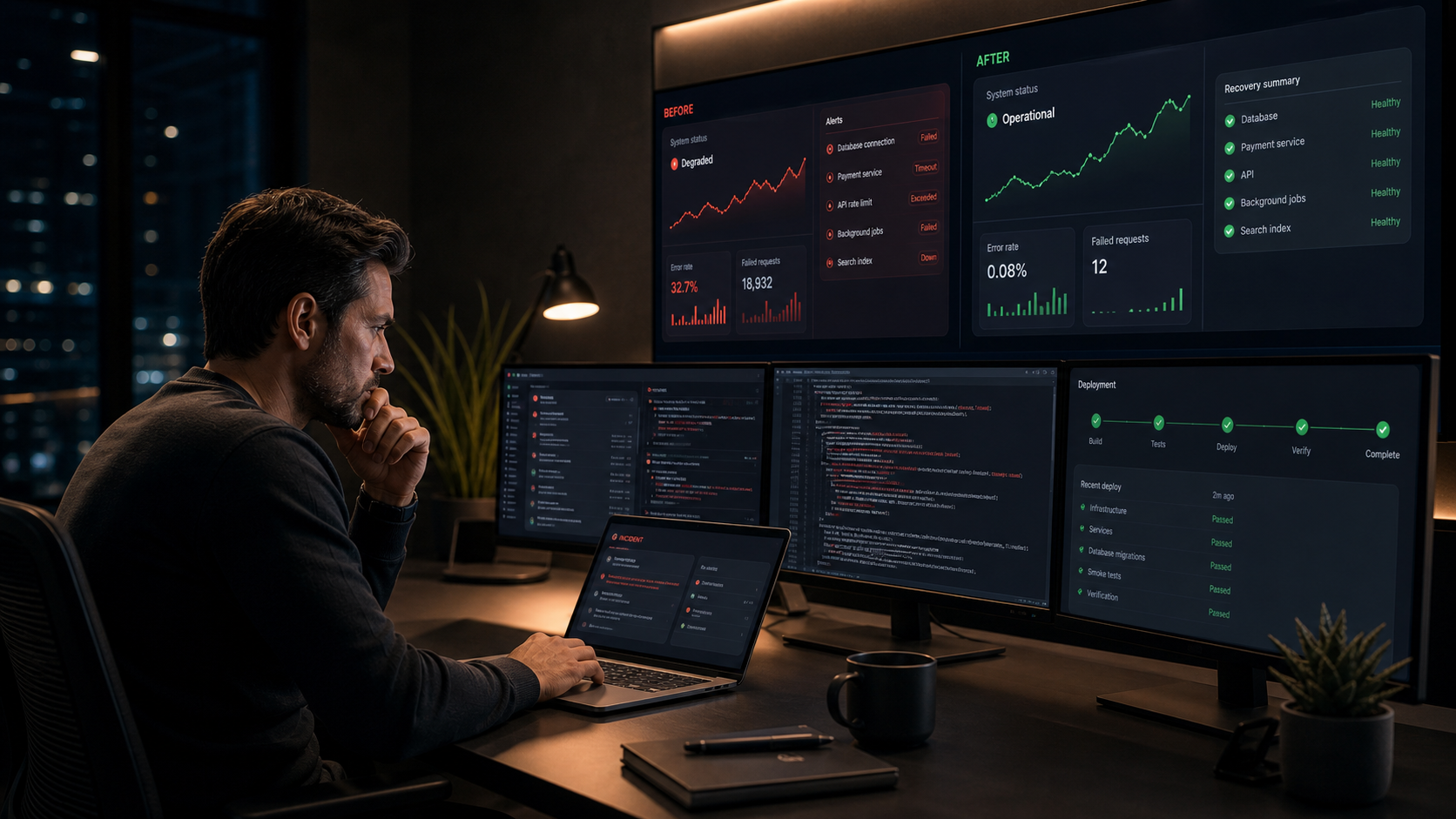 Developer reviewing before and after app recovery dashboards in a technical war room