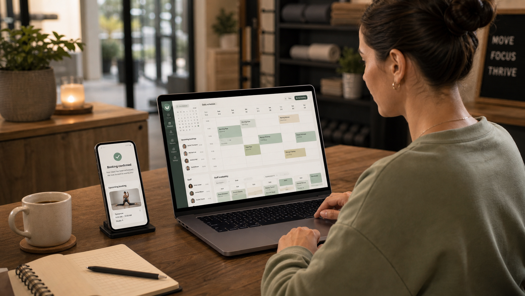 Wellness studio manager reviewing an admin booking schedule on laptop
