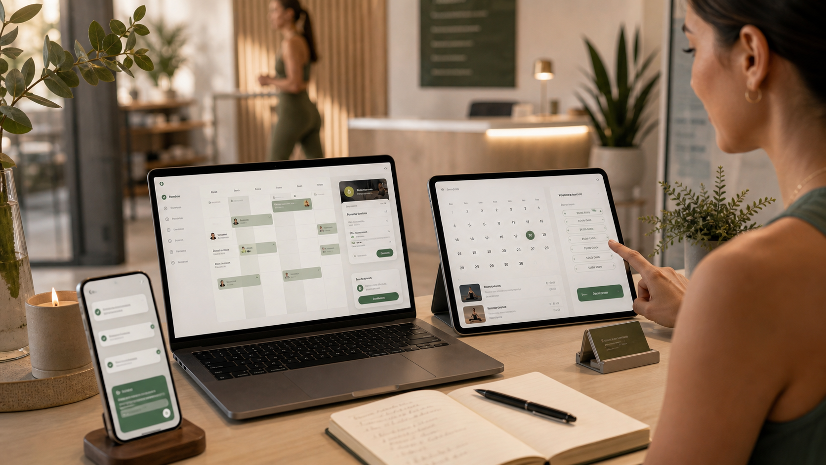 Wellness studio desk with booking calendar, time slots, and confirmation flow