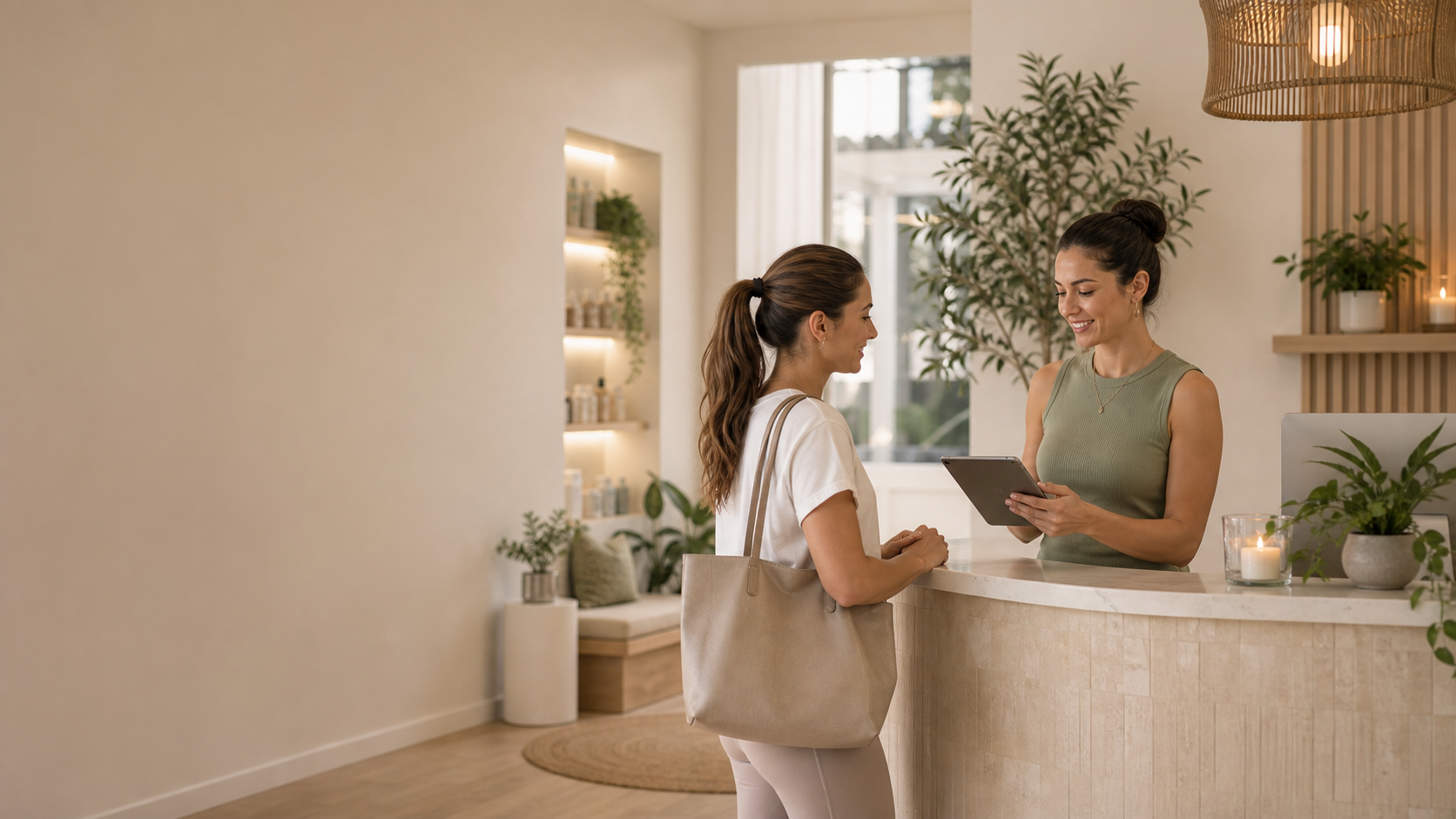 Wellness studio receptionist confirming an appointment with a client