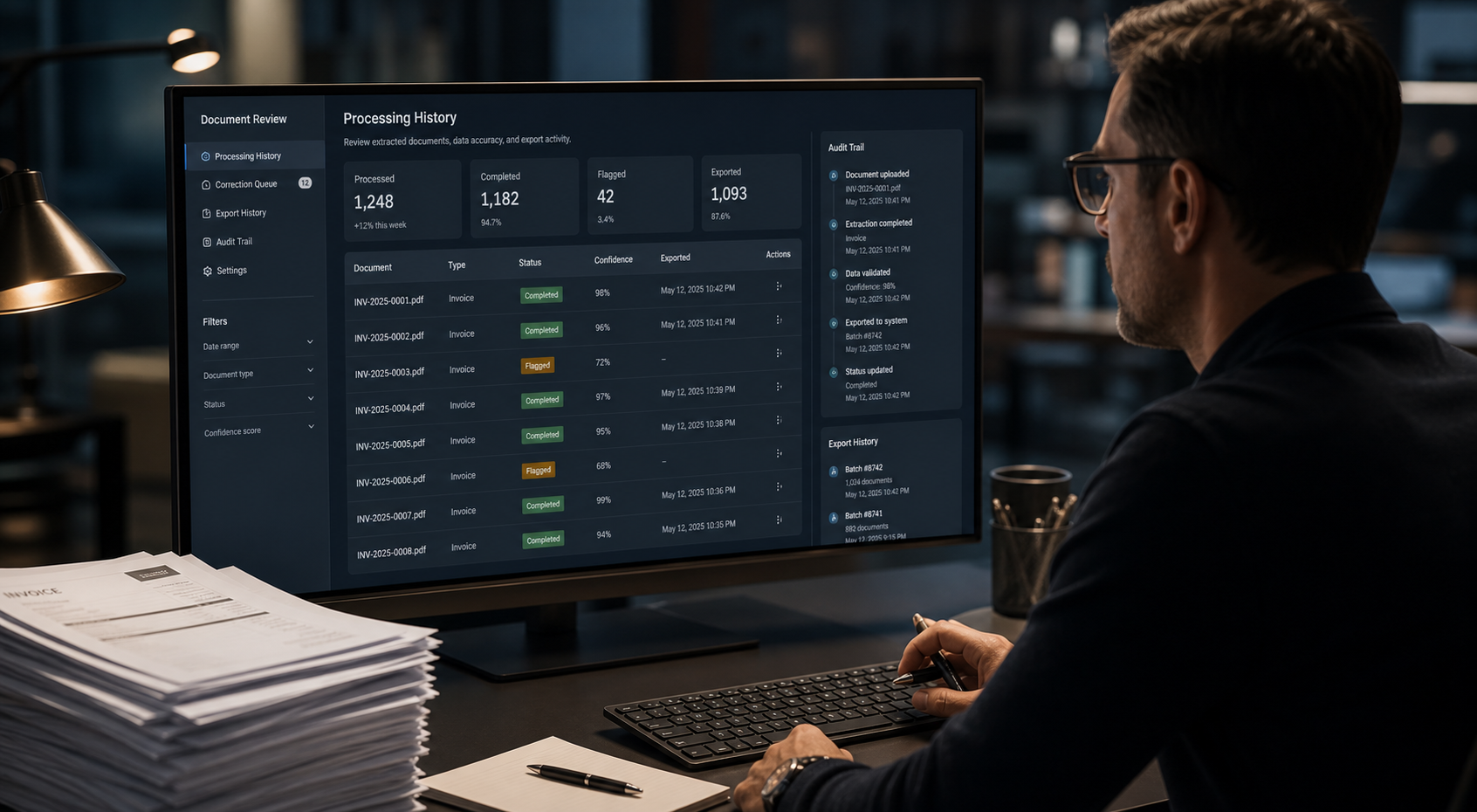Operations manager reviewing document processing history and audit trail