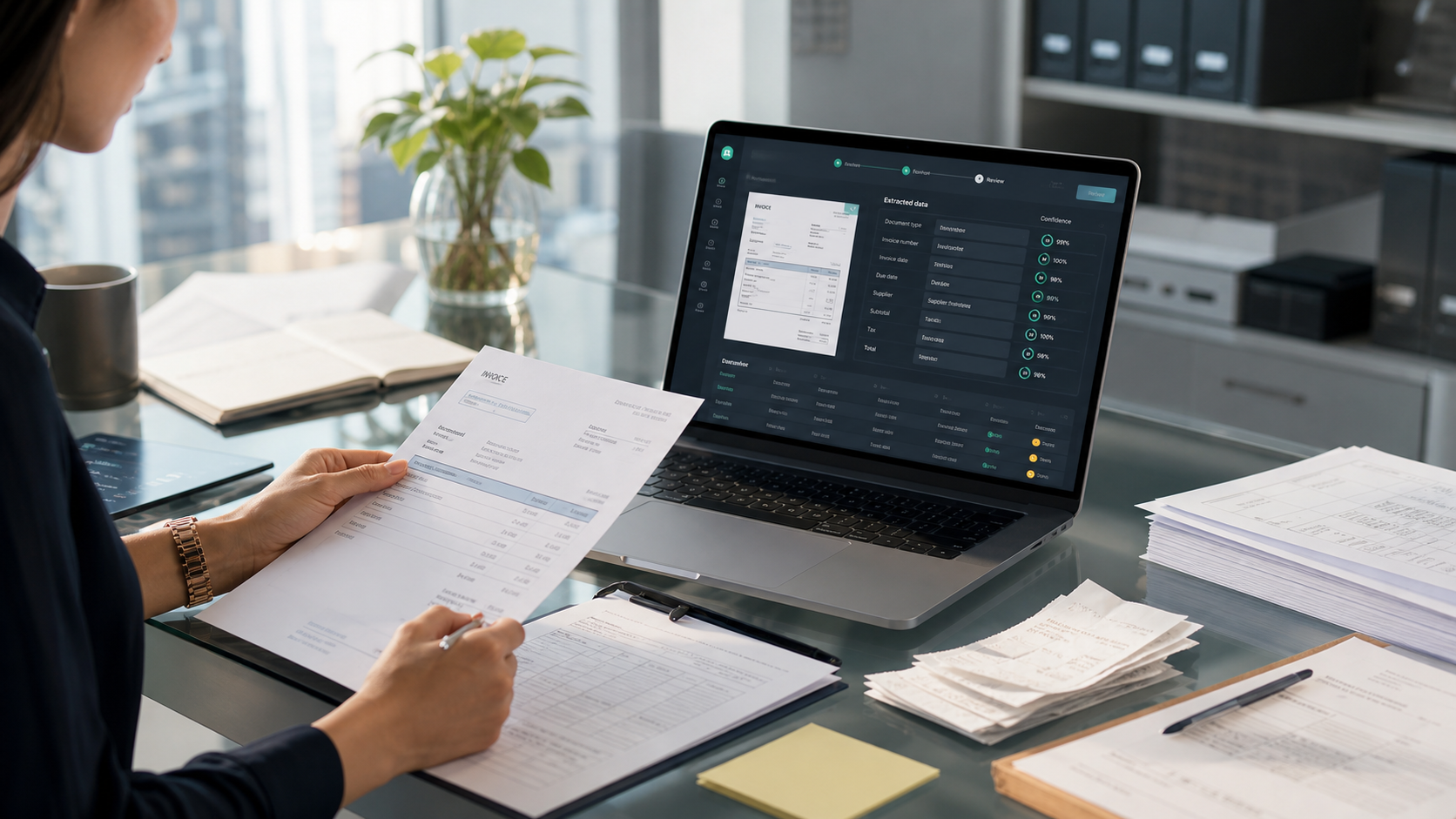 Finance operations desk with invoice document and AI extraction dashboard
