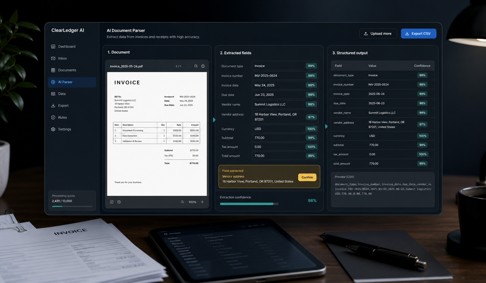 AI document parser workflow with invoice preview, extracted fields, and structured output