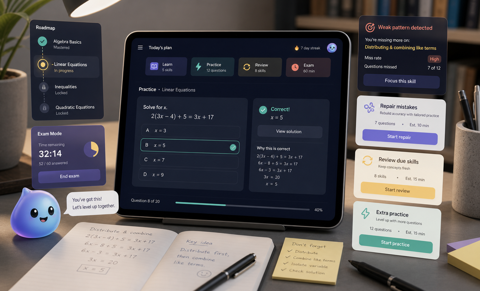 Interactive exam prep learning engine with task screen, weak pattern diagnosis, repair, review, and timed mode