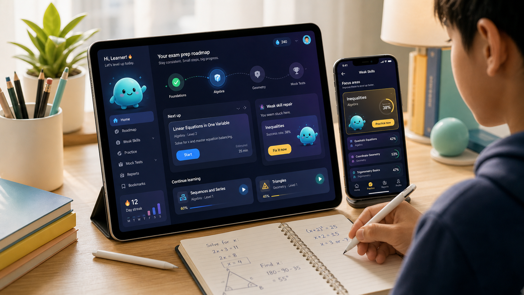 Character-led exam prep app with roadmap, weak skills, and math notebook