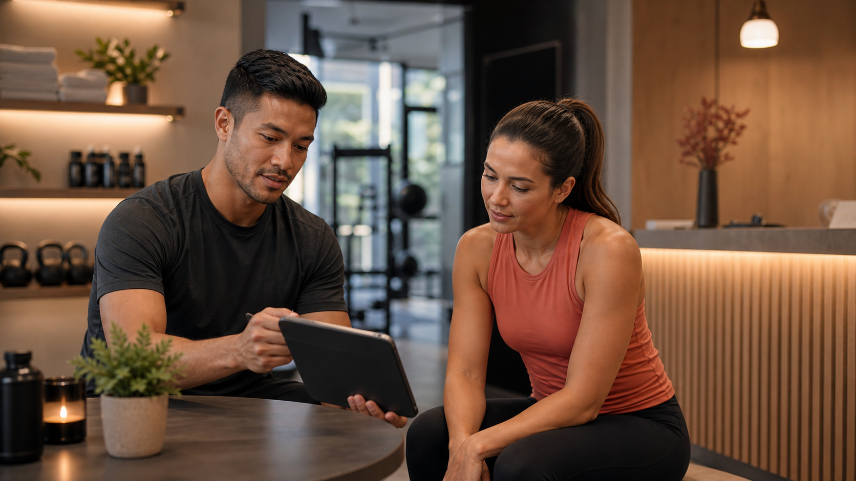 Trainer and client reviewing a plan on a tablet in a studio consultation area