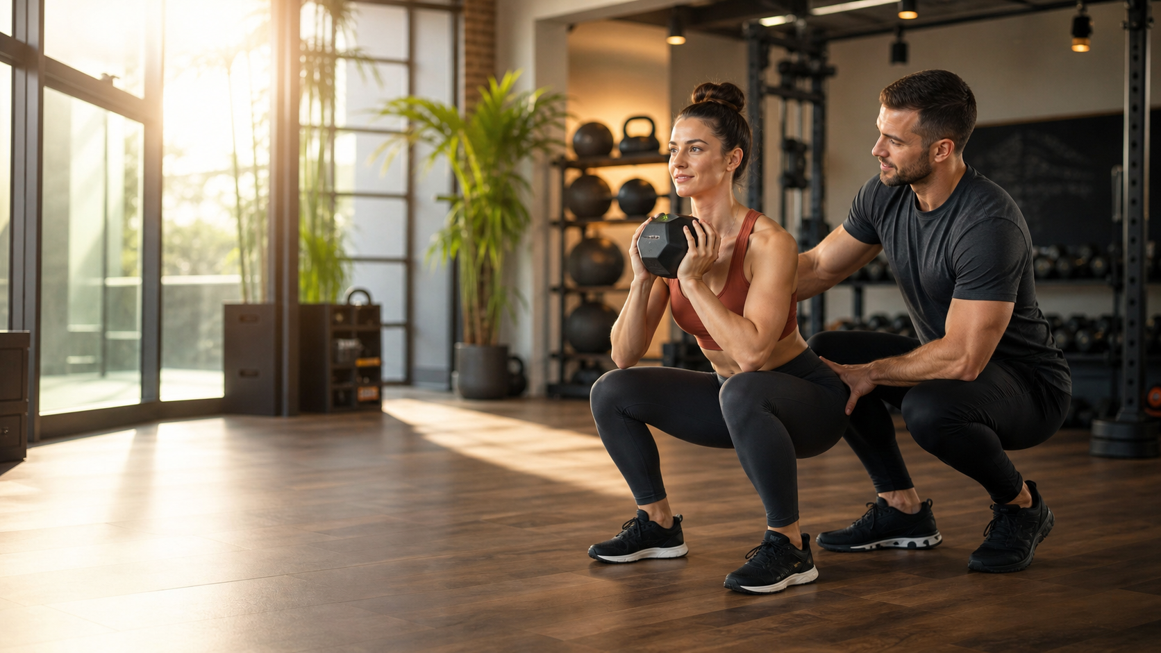 Trainer coaching a strength exercise in a premium fitness studio