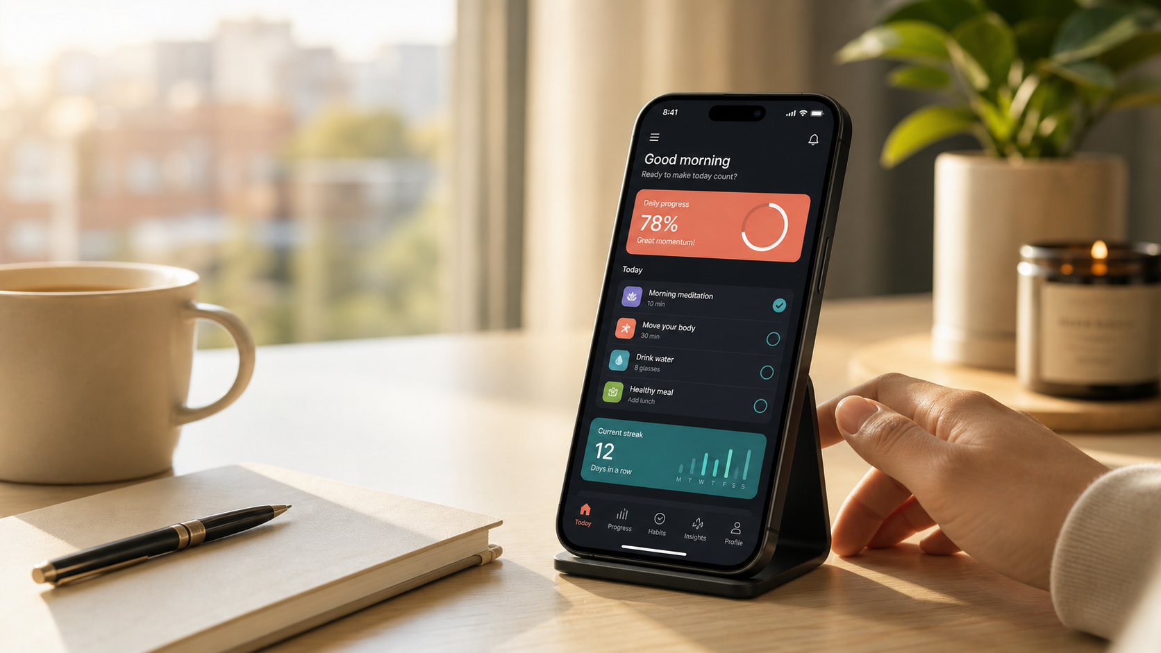 Premium mobile tracking app displayed on a phone in a calm morning workspace