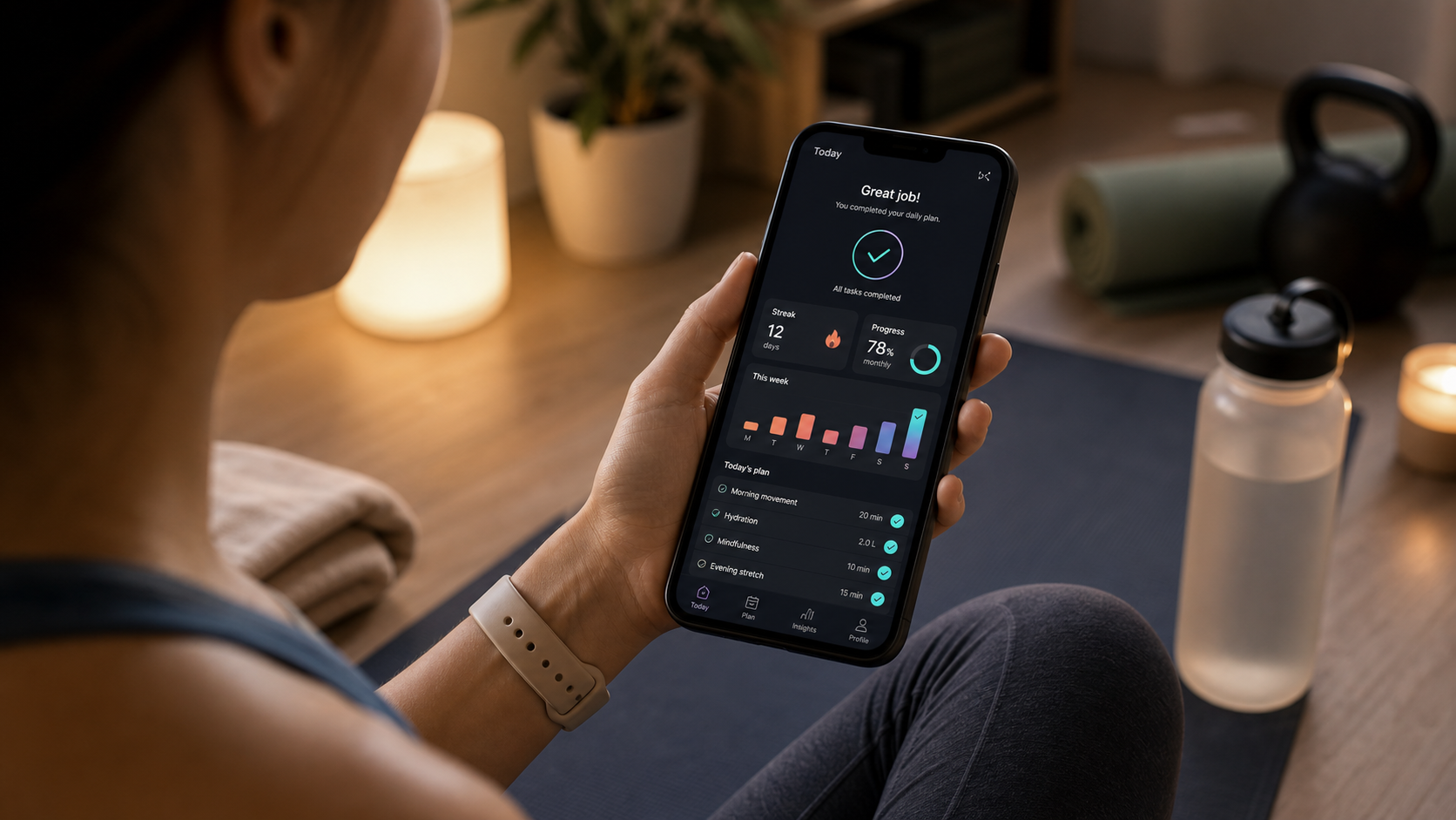 Person checking completed daily plan and progress summary in a mobile app