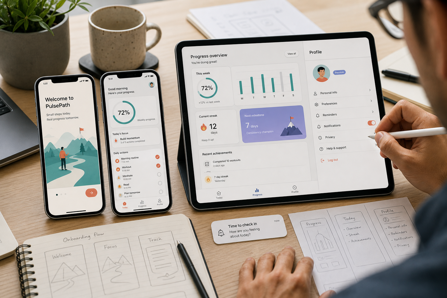 Mobile app prototype screens for onboarding, progress, and profile settings