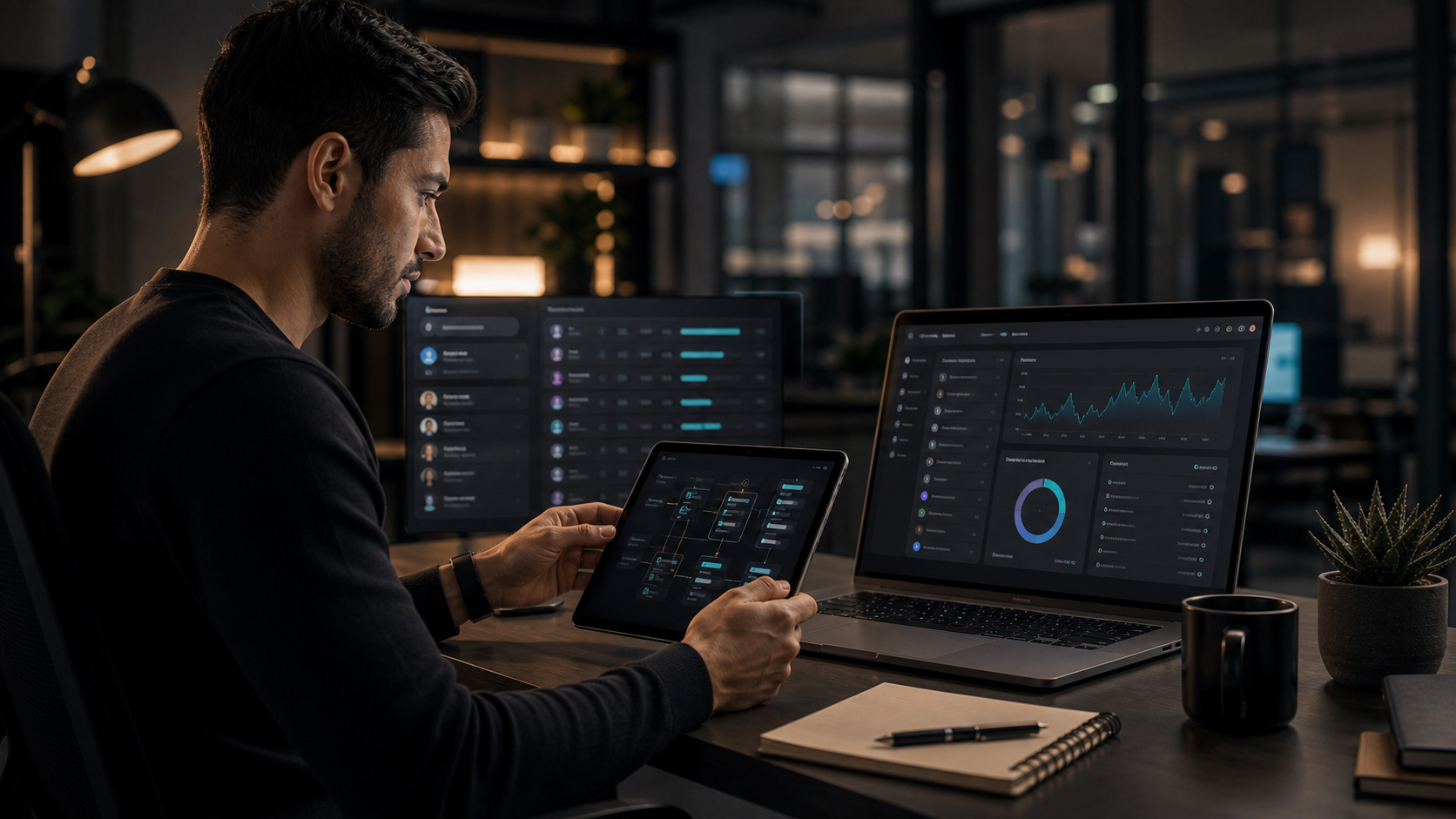 Operator reviewing SaaS admin workflows and integrations on multiple devices