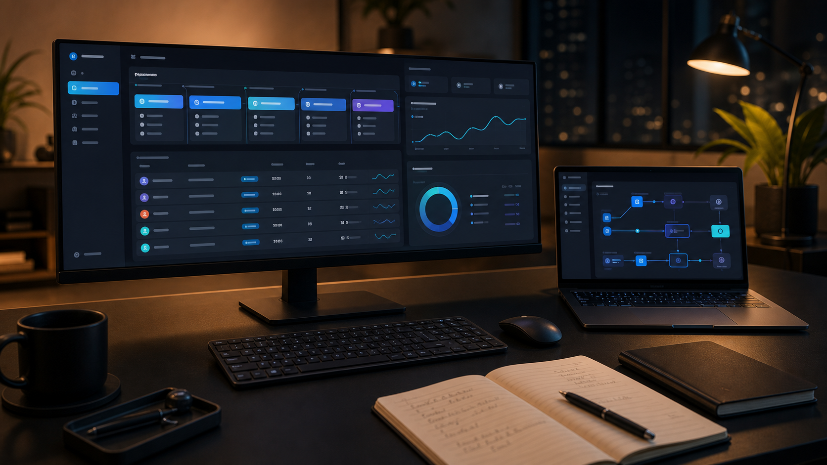 Premium SaaS dashboard visual with pipeline, metrics, and charts