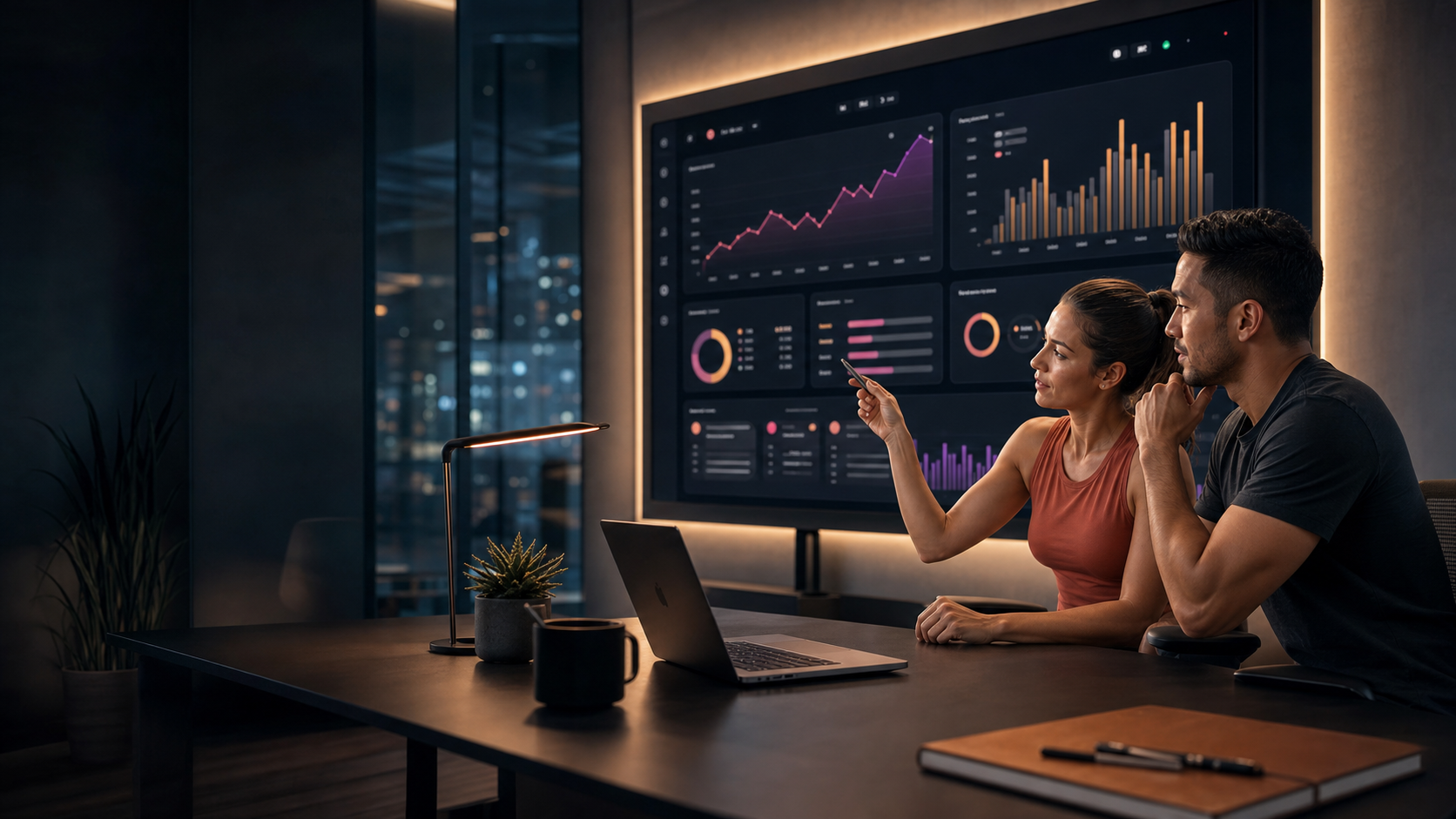 Founders reviewing a SaaS analytics dashboard in a premium workspace
